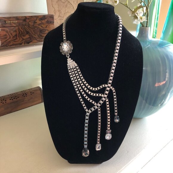 Fashion Jewelry Pewter Necklace Large Dripping Rhinestones 22" to 27" - Picture 1 of 12